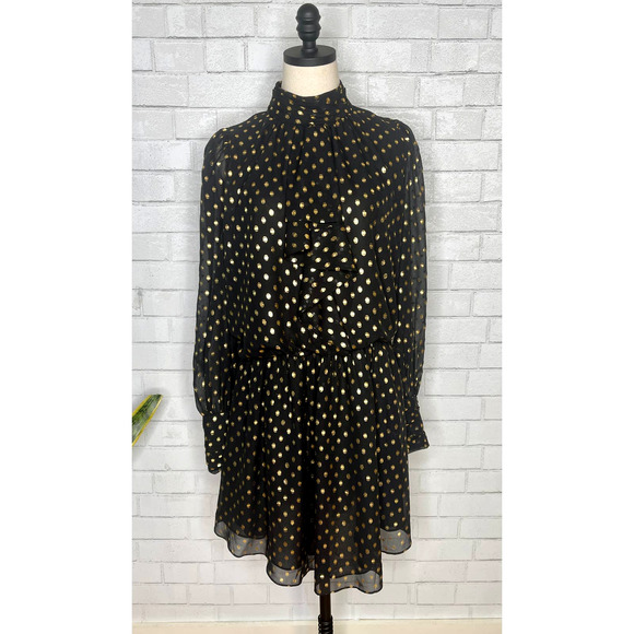 Adrianna Papell Dresses & Skirts - Adrianna Papell Black Gold Ruffle Neck Long Sleeve Puff Shoulder Mini Dress M 10